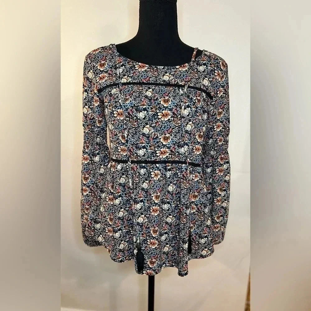 Knox Rose Womens Boho Floral Tie Back Top Peplum size XS